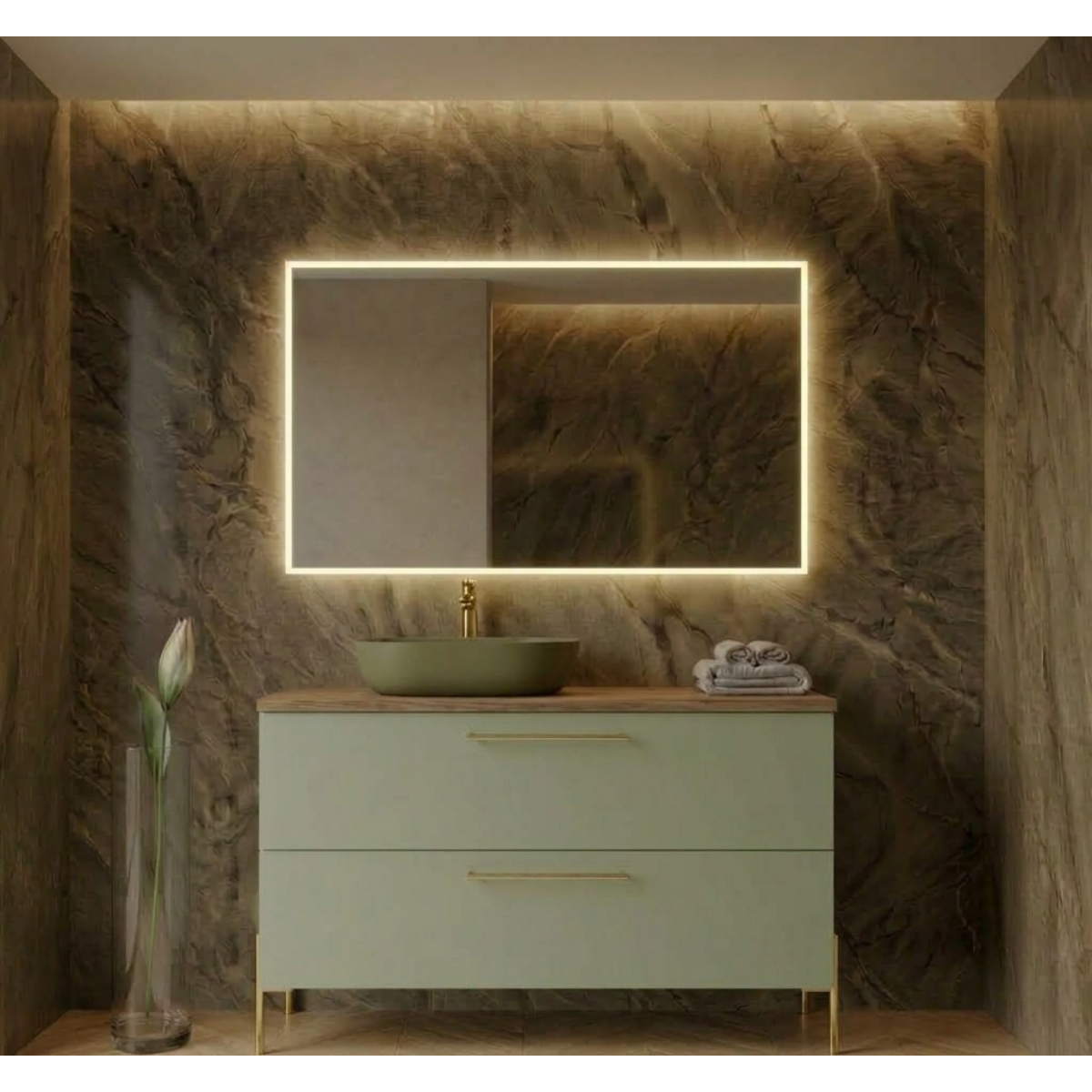 Mueble de baño suspendido 90 cm 2 cajones, color verde. Lavabo sobre encimera de madera, desplazado color verde, tiradores Veta. Avila Dos - Errefe Home