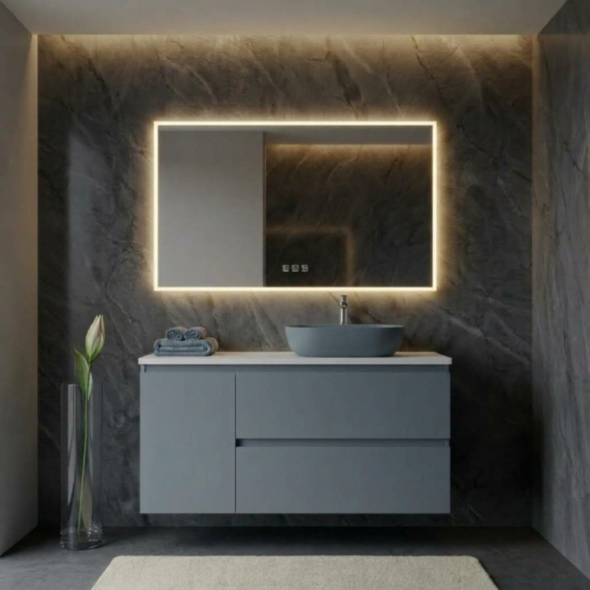 Mueble de baño suspendido 100 cm 2 cajones + 1 puerta, color azul. Lavabo sobre encimera desplazado color azul, tiradores inclinados. Avila Dos - Errefe Home