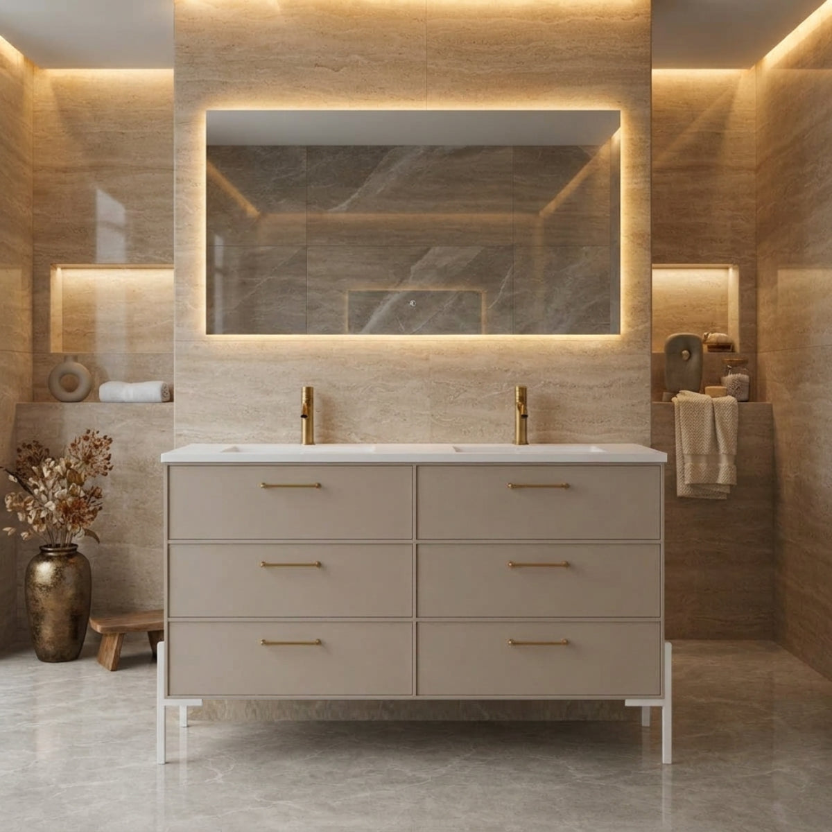 Mueble de baño 140 cm Avila Dos 6 cajones con Patas LUNGO con lavabo integrado de doble seno Colección Blanca color café tiradores dorados Errefe Home