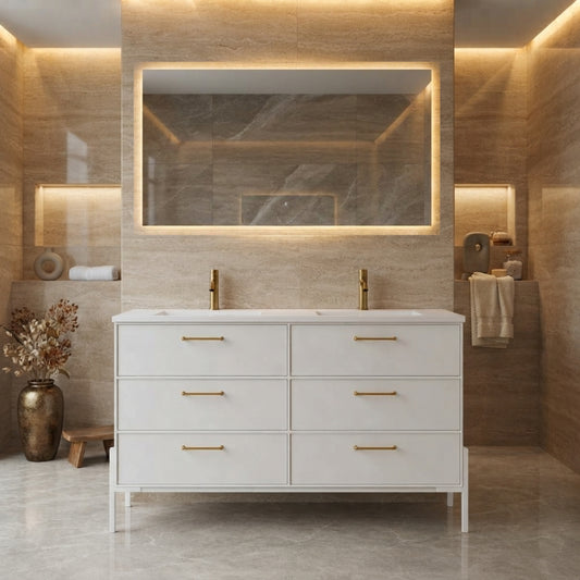 Mueble de baño 140 cm Avila Dos 6 cajones con Patas LUNGO con lavabo integrado de doble seno Colección Blanca color blanco tiradores dorados Errefe Home