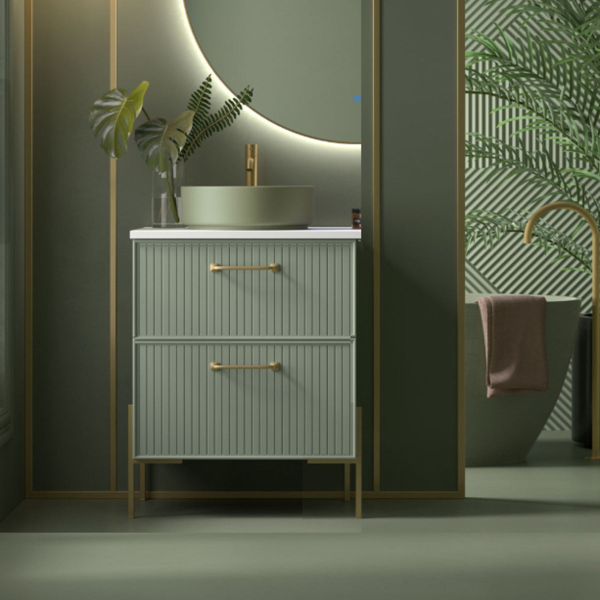 Mueble de baño Avila Dos Colección Blanca 2 cajones con patas LUNGO con lavabo sobre encimera 1 seno color verde Errefe Home