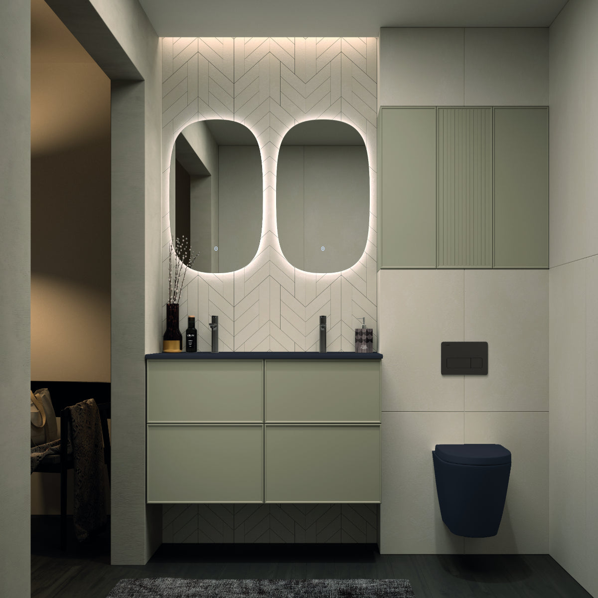 Mueble de baño color verde colección Blanca Avila Dos con lavabo integrado de 2 senos y 4 cajones suspendidos Errefe Home