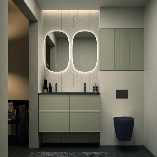 Mueble de baño color verde colección Blanca Avila Dos con lavabo integrado de 2 senos y 4 cajones suspendidos Errefe Home