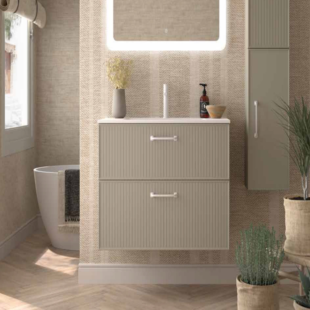 Mueble de baño cashemire colección Blanca con lavabo integrado 1 seno 2 cajones suspendidos Avila Dos Errefe Home
