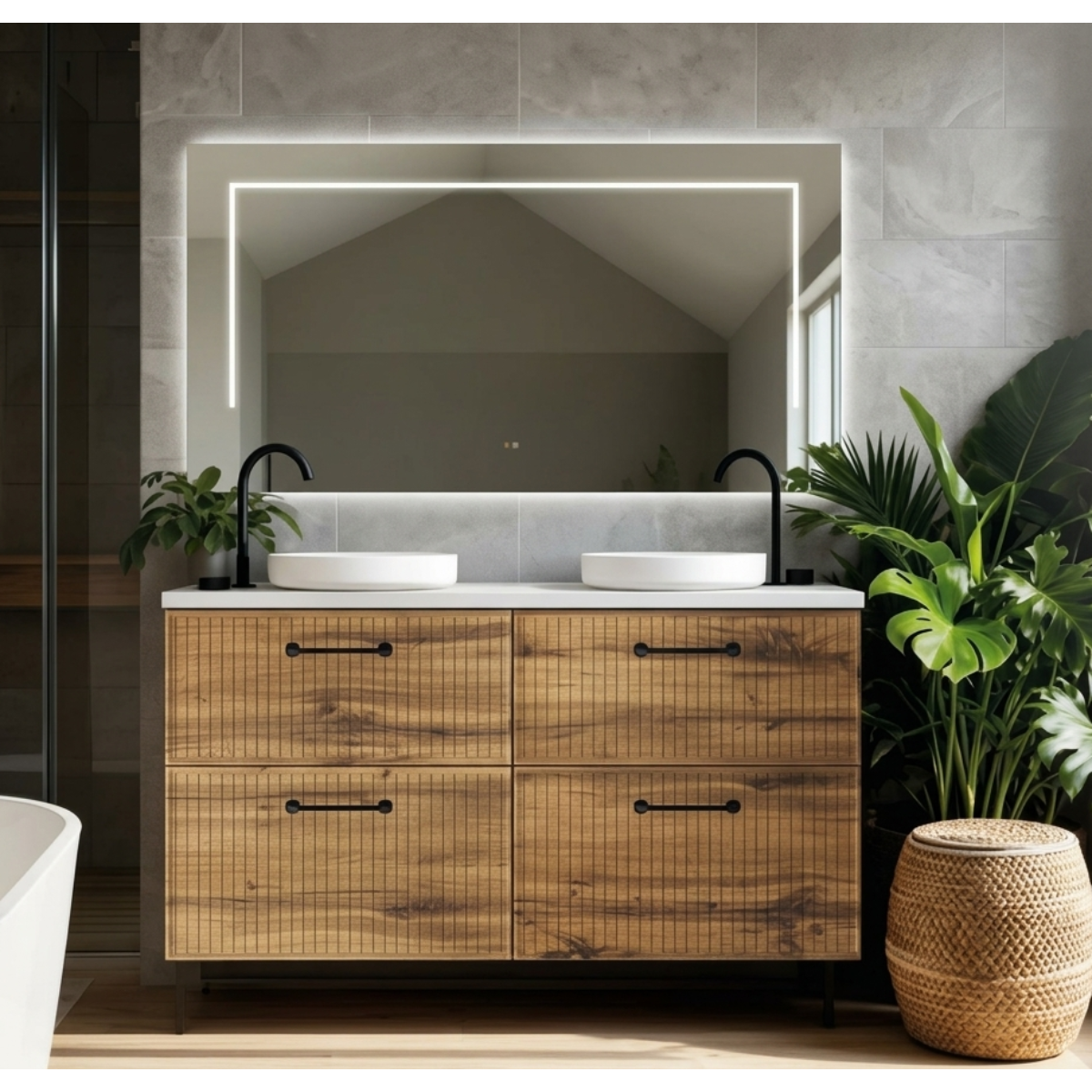 Mueble de baño Blanca de 4 cajones acabado madera con 2 lavabos sobre encimera Sferik blancos. Avila Dos - Errefe Home
