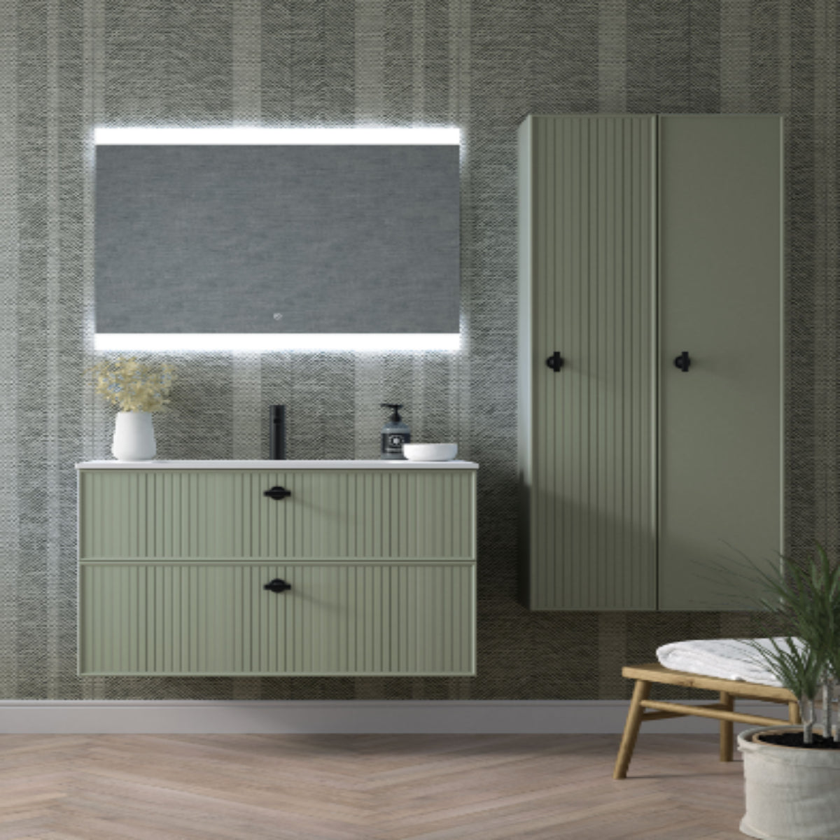 Mueble de baño verde colección Blanca con lavabo integrado 1 seno 2 cajones suspendidos Avila Dos Errefe Home