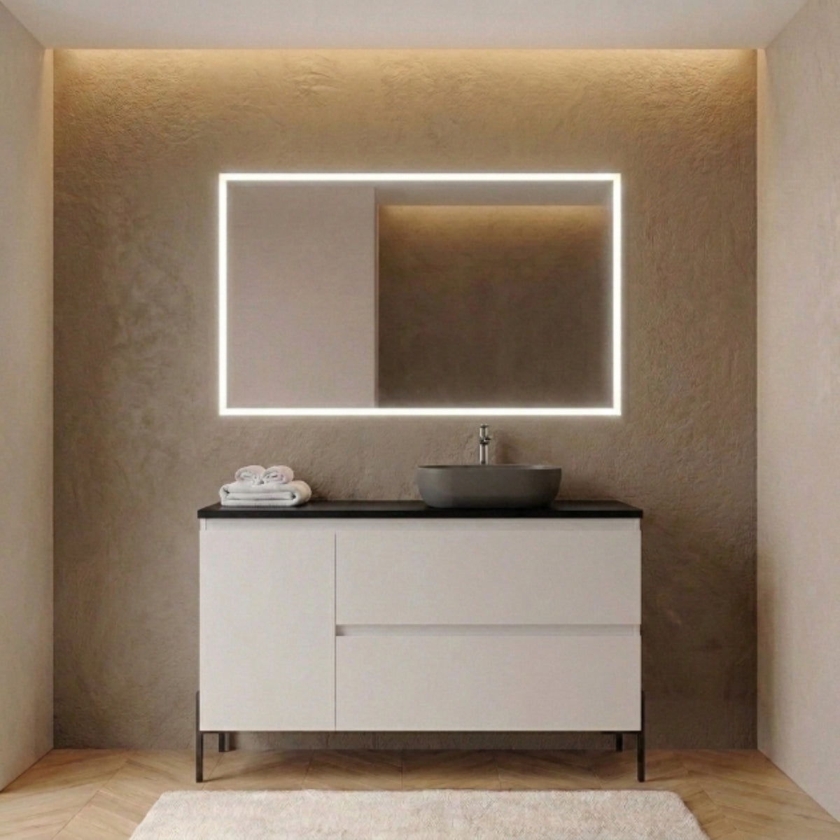 Mueble de baño 100 cm con Patas LUNGO - 2 cajones + 1 puerta, color blanco. Lavabo sobre encimera desplazado color gris, tiradores inclinados. Avila Dos - Errefe Home
