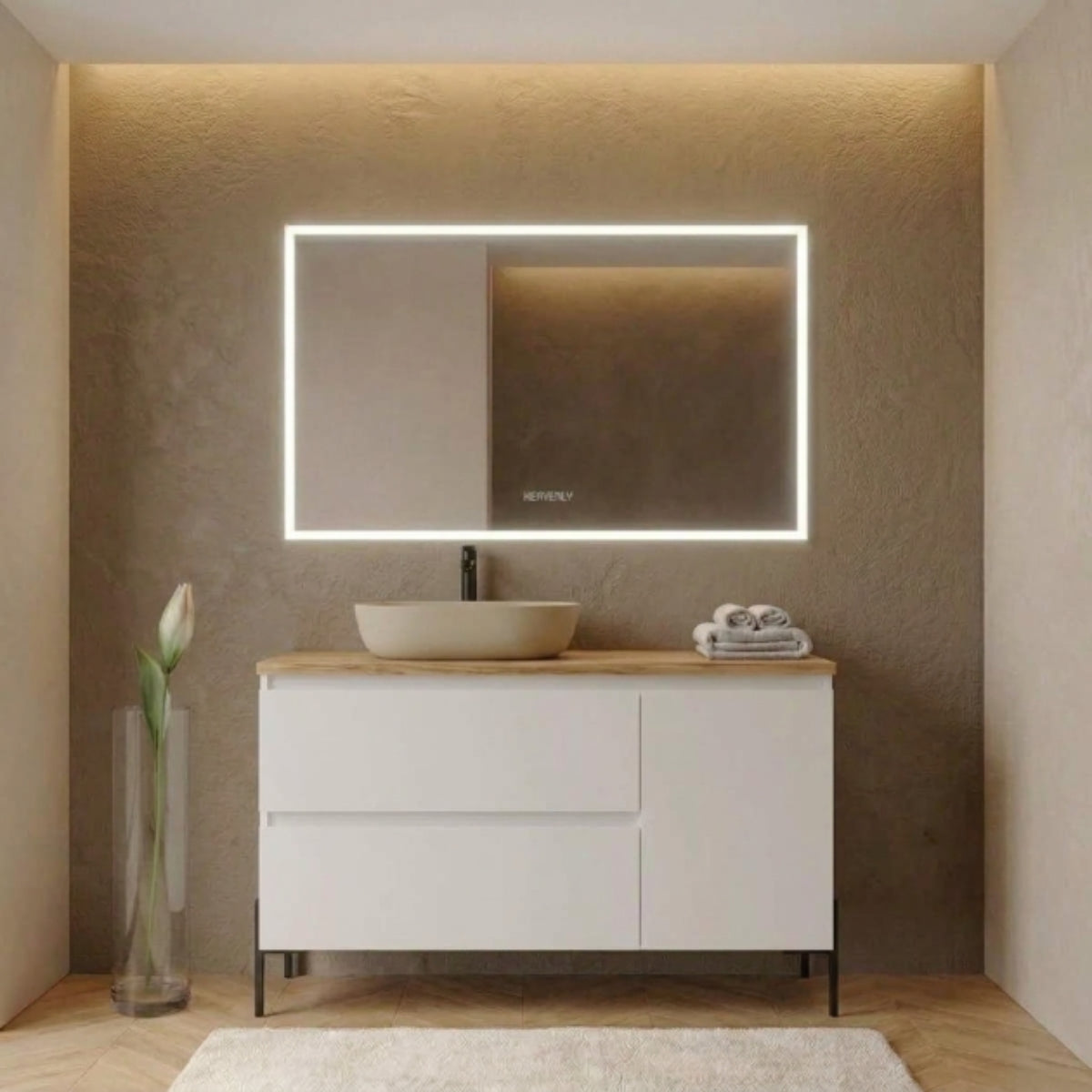 Mueble de baño 100 cm con Patas LUNGO negras - 2 cajones + 1 puerta, color blanco. Lavabo sobre encimera desplazado color café, tiradores inclinados. Avila Dos - Errefe Home
