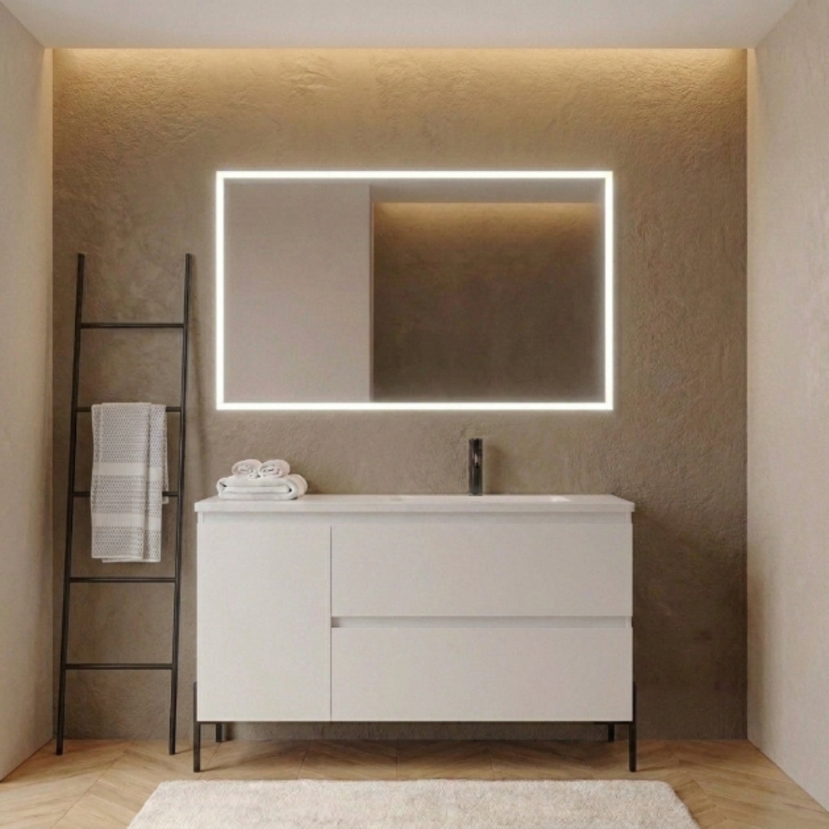 Mueble de baño Carmen 100 color blanco lavabo integrado desplazado 2 cajones+1 puerta, tiradores, patas LUNGO Avila Dos - Errefe Home