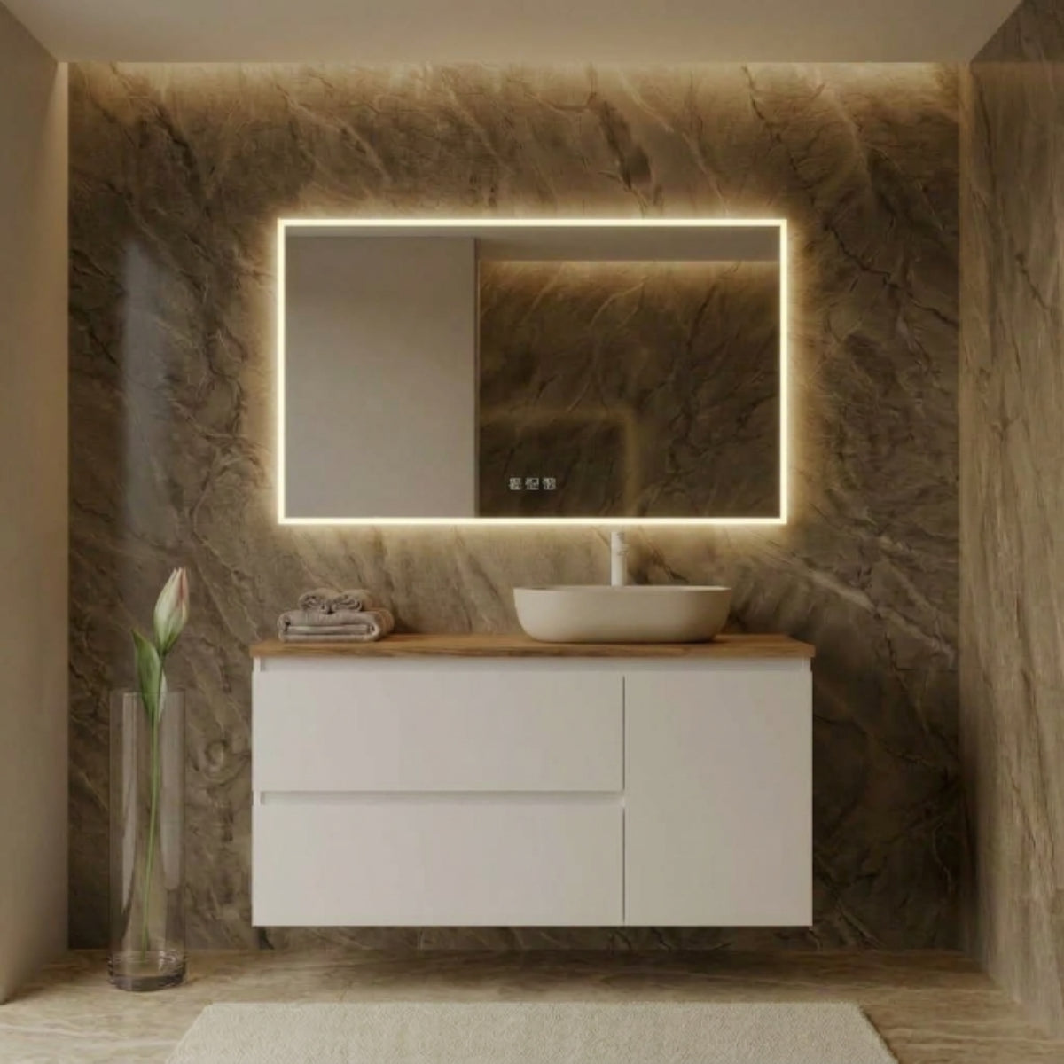 Mueble de baño suspendido 100 cm 2 cajones + 1 puerta, color blanco. Lavabo sobre encimera desplazado color cafe, tiradores inclinados. Avila Dos - Errefe Home