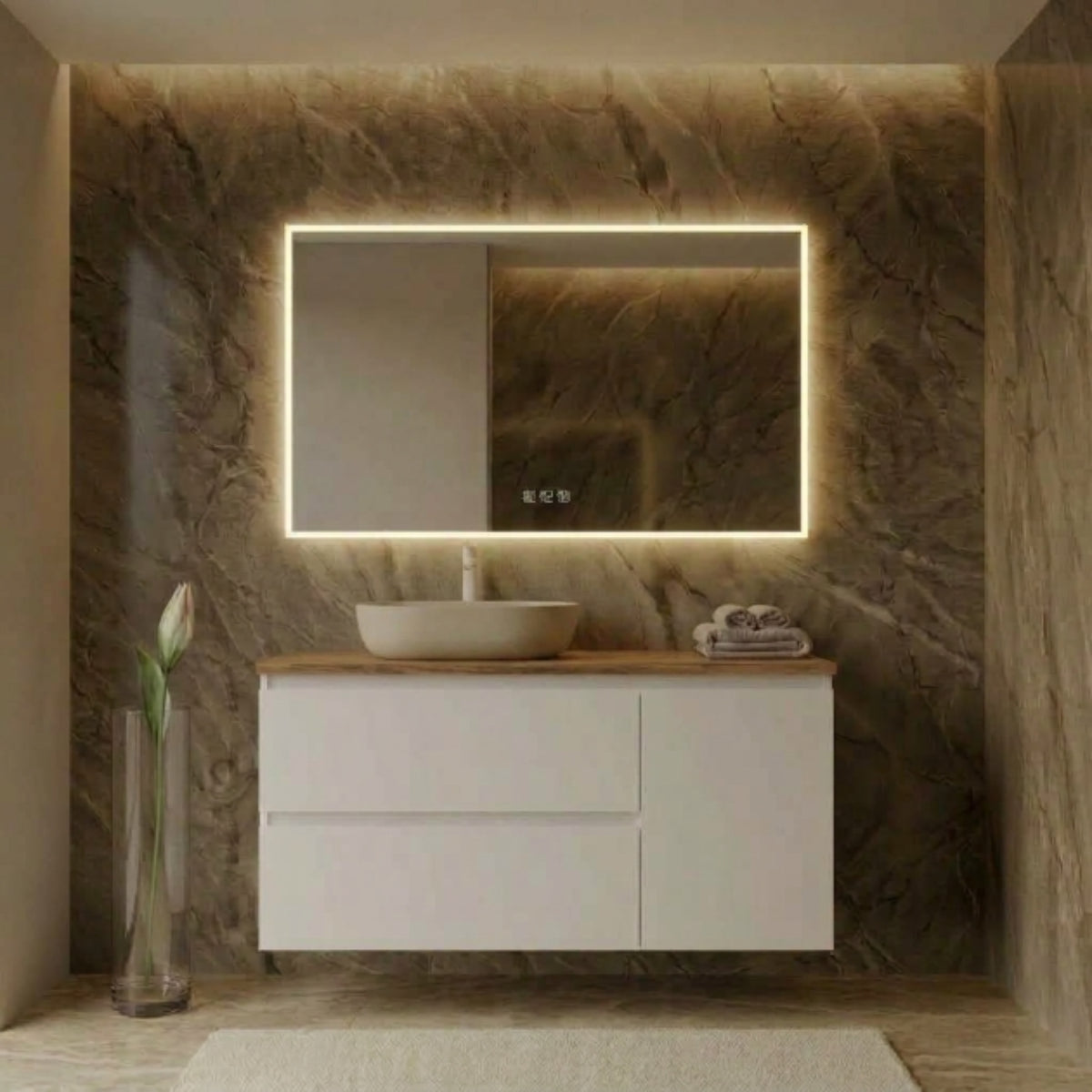Mueble de baño suspendido 100 cm 2 cajones + 1 puerta, color blanco. Lavabo sobre encimera desplazado color café, tiradores inclinados. Avila Dos - Errefe Home