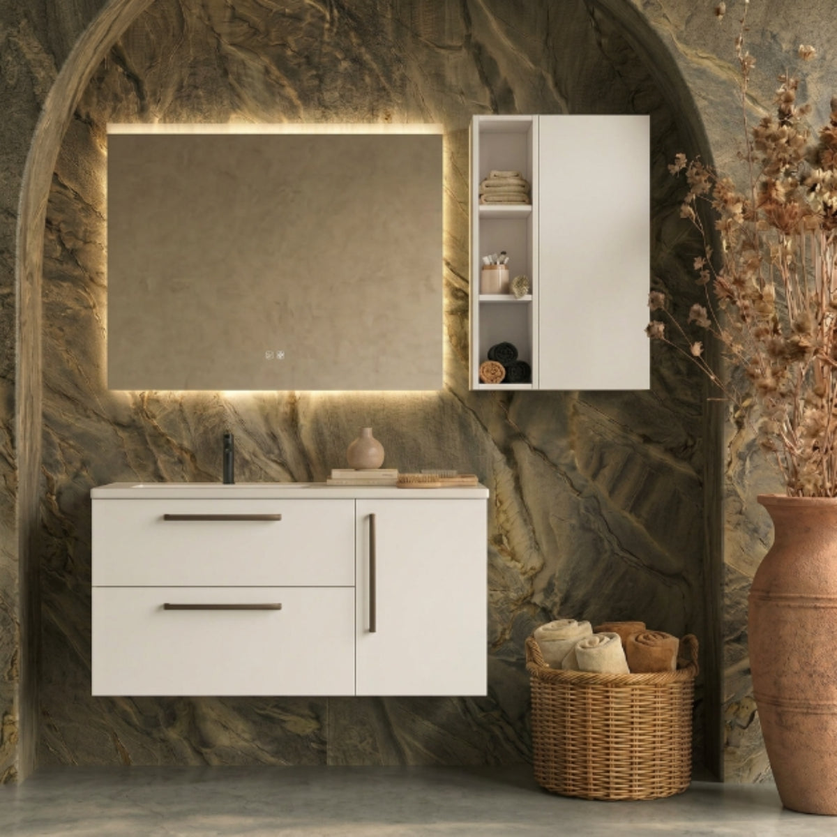 Mueble de baño suspendido 120 cm 2 cajones + 1 puerta, color blanco. Lavabo integrado desplazado, tiradores Veta Oscuro. Avila Dos - Errefe Home