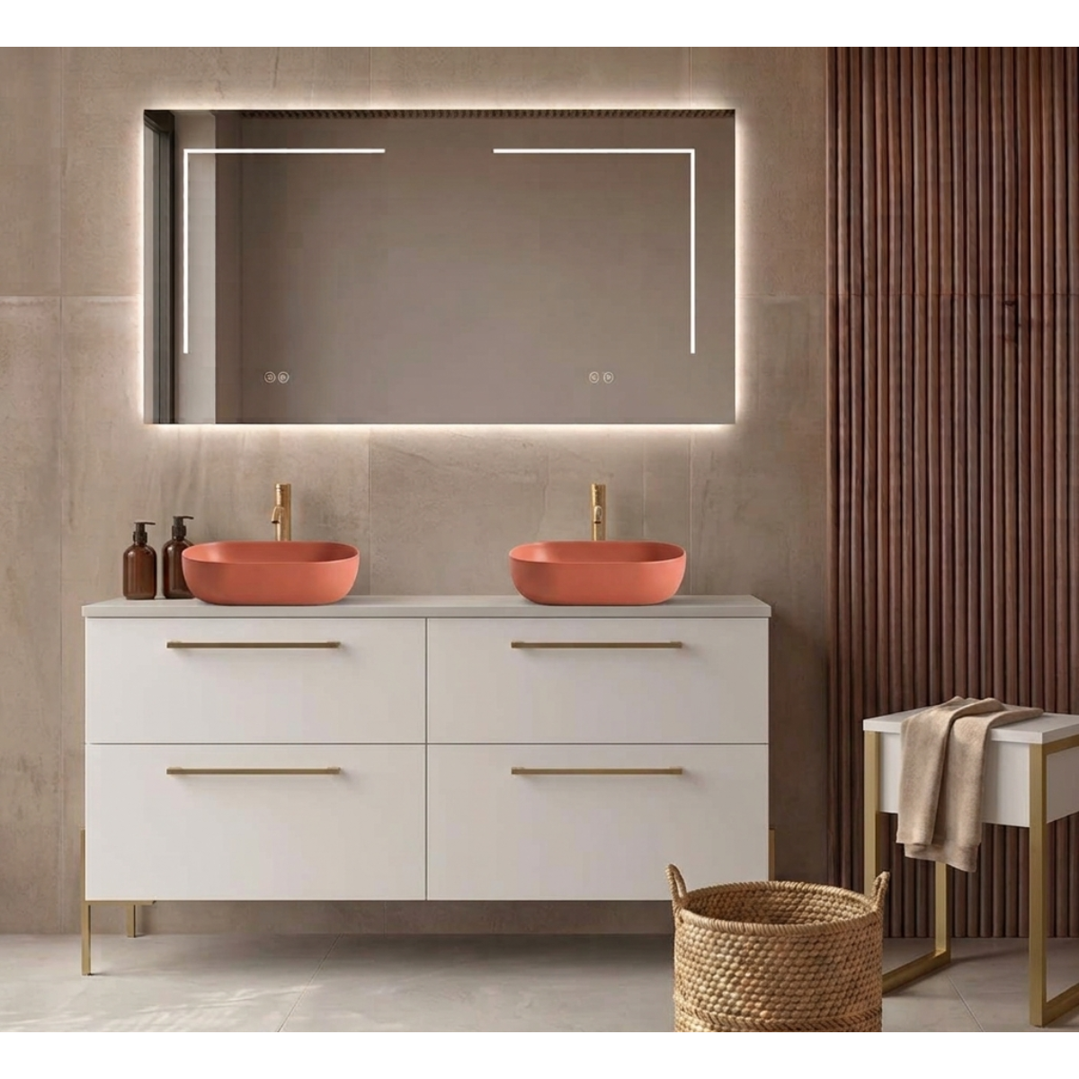 Mueble de baño 140 cm 4 cajones  COLOR BLANCO con patas LUNGO, 2 lavabos Ovalados sobre encimera color CORAL Colección CARMEN. Avila Dos - Errefe Home 