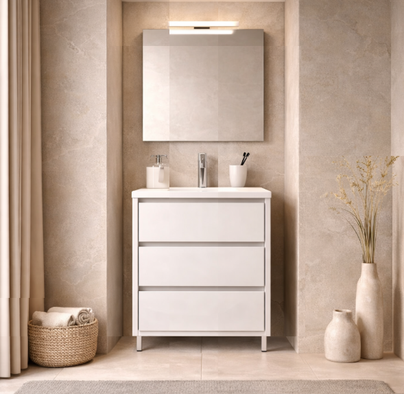 Mueble baño Carmen de 60 cm Costado visto color blanco lavabo 3 cajones con patas Avila Dos  - Errefe Home