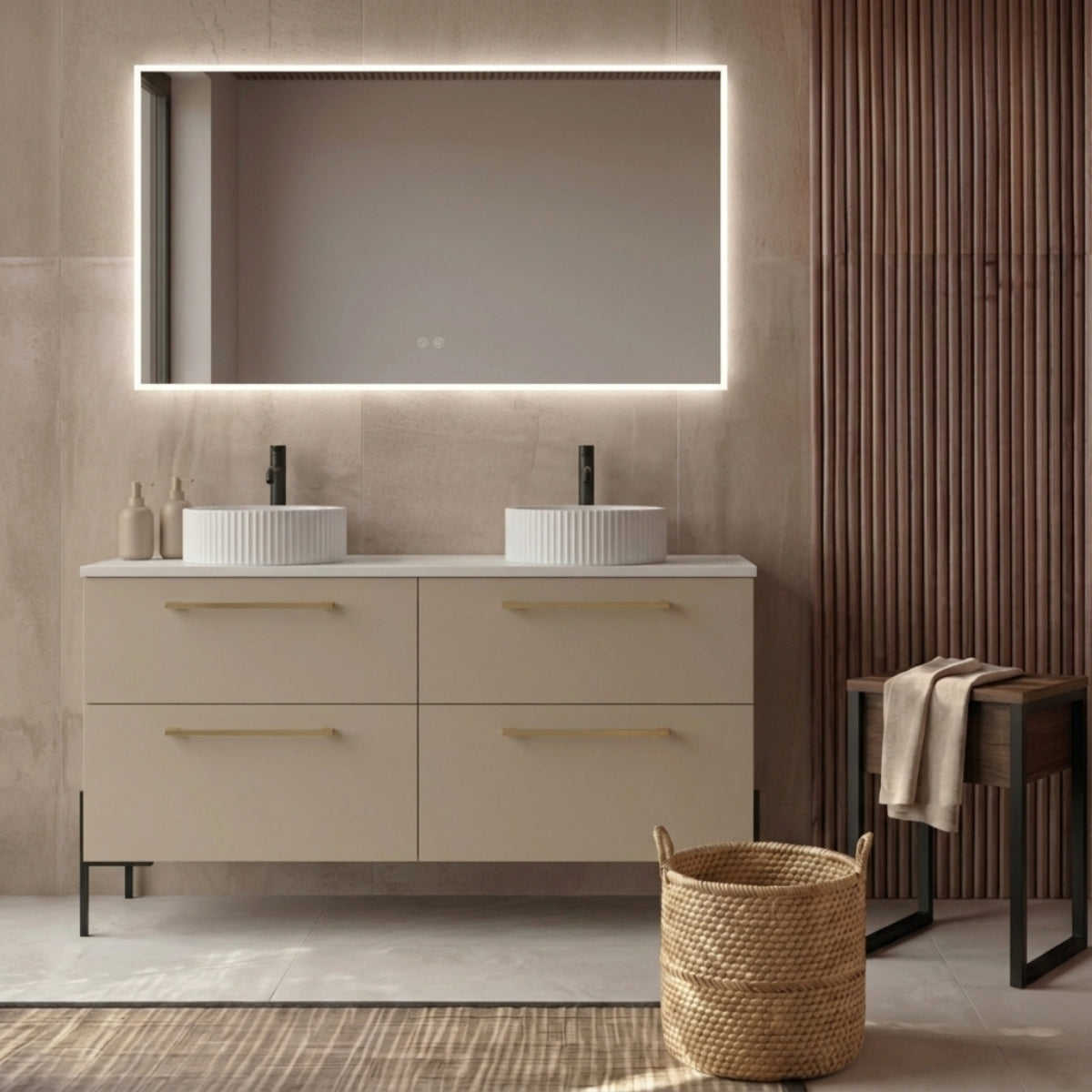 Mueble de baño Carmen de 4 cajones acabado color cafe con 2 lavabos sobre encimera RIGA blancos. Patas LUNGO negras. Avila Dos - Errefe Home