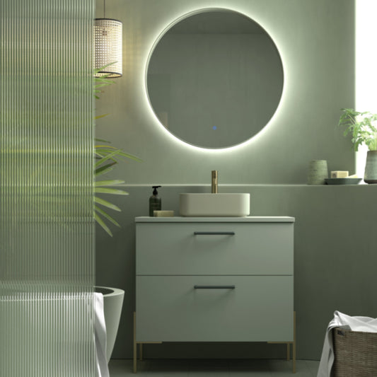 Mueble de baño de  60 cm CARMEN con 2 cajones y patas LUNGO, color verde. Lavabo  KOLORES sobre encimera. Avila Dos - Errefe Home