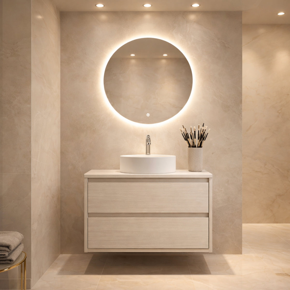 Mueble de baño con lavabo circular BLANCO sobre encimera, 1 seno, 2 cajones suspendidos costado visto – Errefe Home