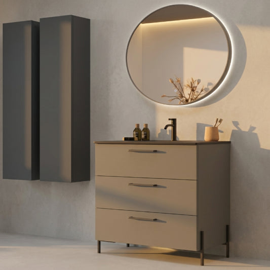 Mueble baño Carmen 100 color gris lavabo integrado 3 cajones tiradores negros y patas LUNGO Avila Dos - Errefe Home