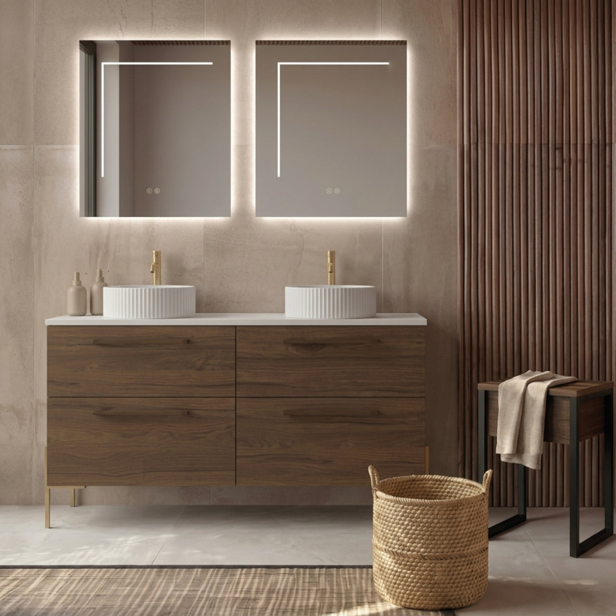 Mueble de baño Carmen de 4 cajones acabado madera con 2 lavabos sobre encimera RIGA blancos. Avila Dos - Errefe Home