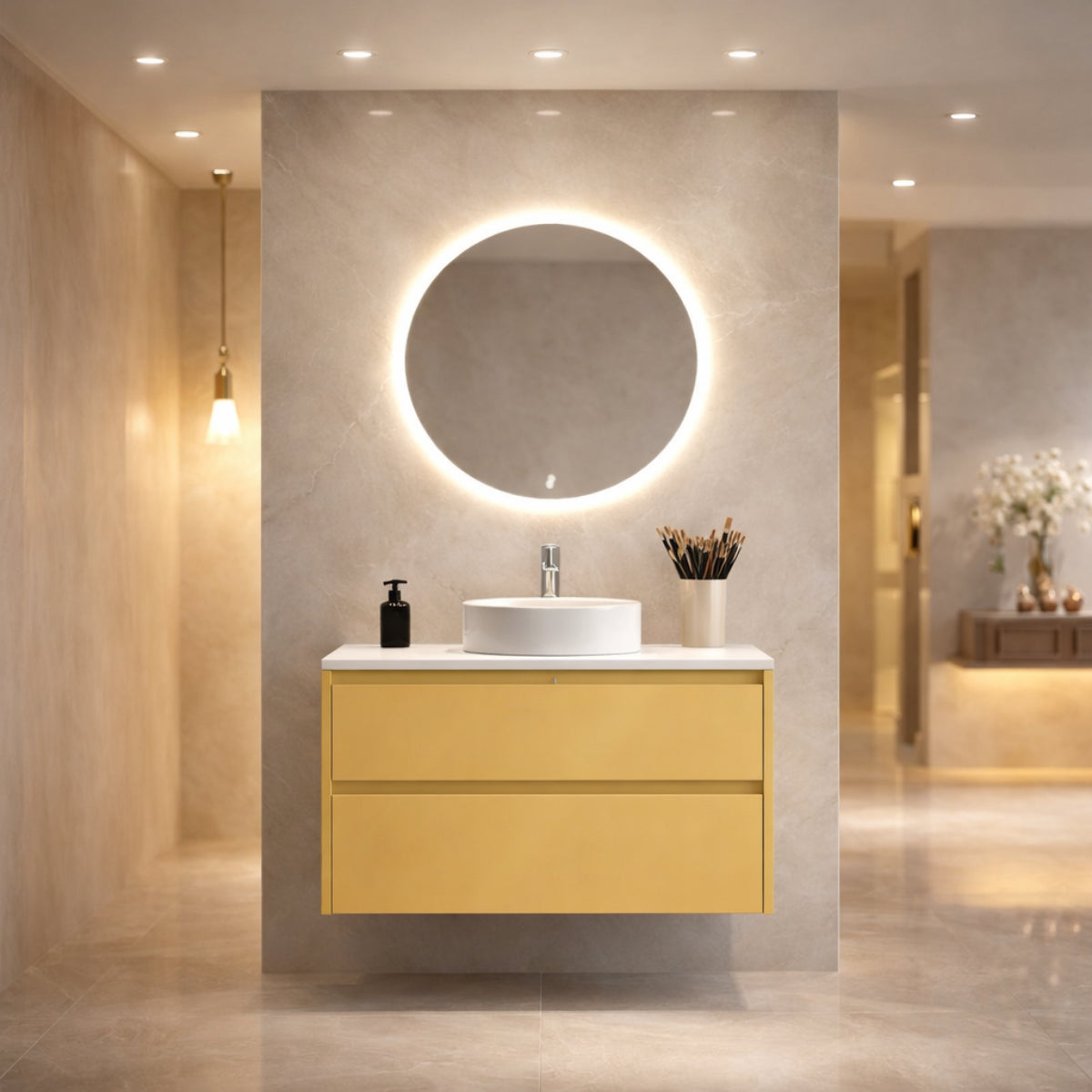 Muebles de baño 2 cajones Costado visto, color mostaza suave. Lavabo sobre encimera blanco - Avila Dos - Errefe Home