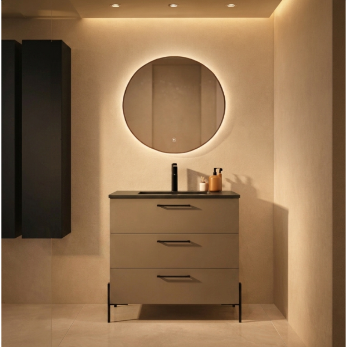 Mueble baño Carmen 100 cm lacado Skin lavabo integrado 3 cajones patas LUNGO negras Avila Dos - Errefe Home