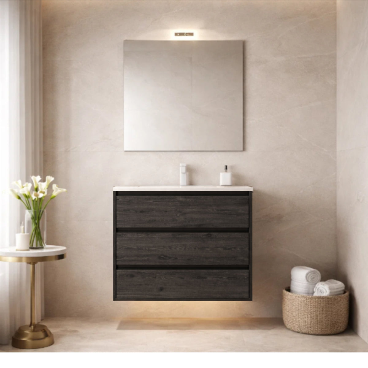 Mueble de baño 60 cm Carmen 3 cajones suspendidos con lavabo integrado 1 seno color madera Avila Dos - Errefe Home
