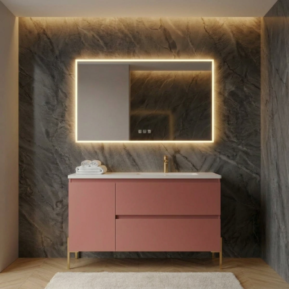 Mueble de baño Carmen 100 color Koral lavabo integrado desplazado 2 cajones+1 puerta, tiradores, patas LUNGO Avila Dos - Errefe Home