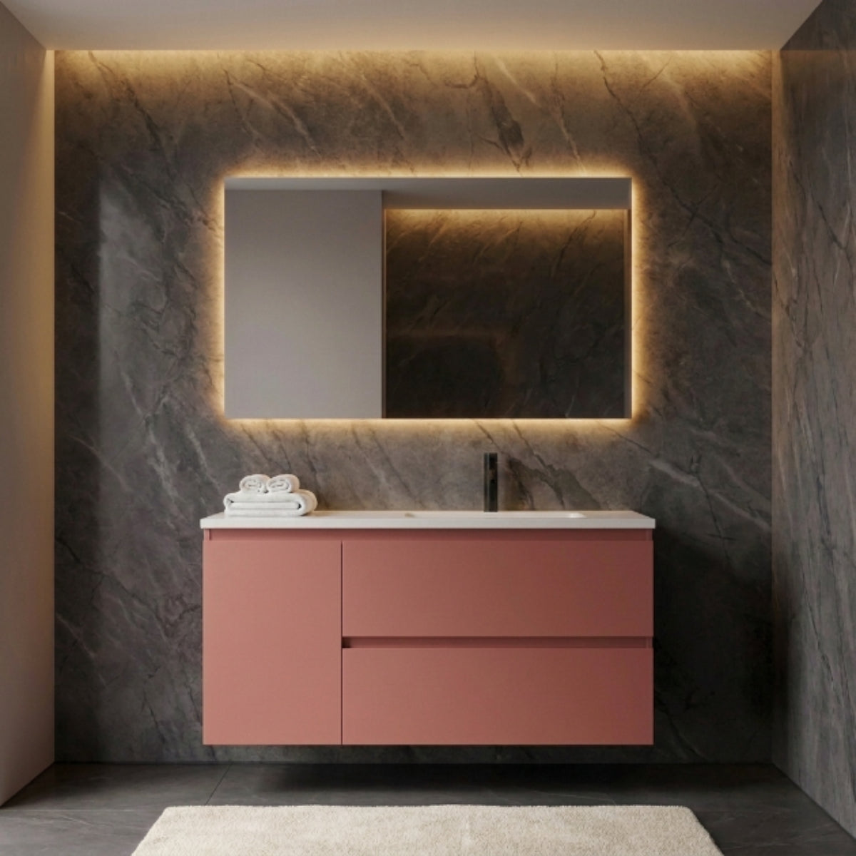 Mueble de baño suspendido 100 cm 2 cajones + 1 puerta, color Koral. Lavabo integrado desplazado, tiradores inclinados. Avila Dos - Errefe Home