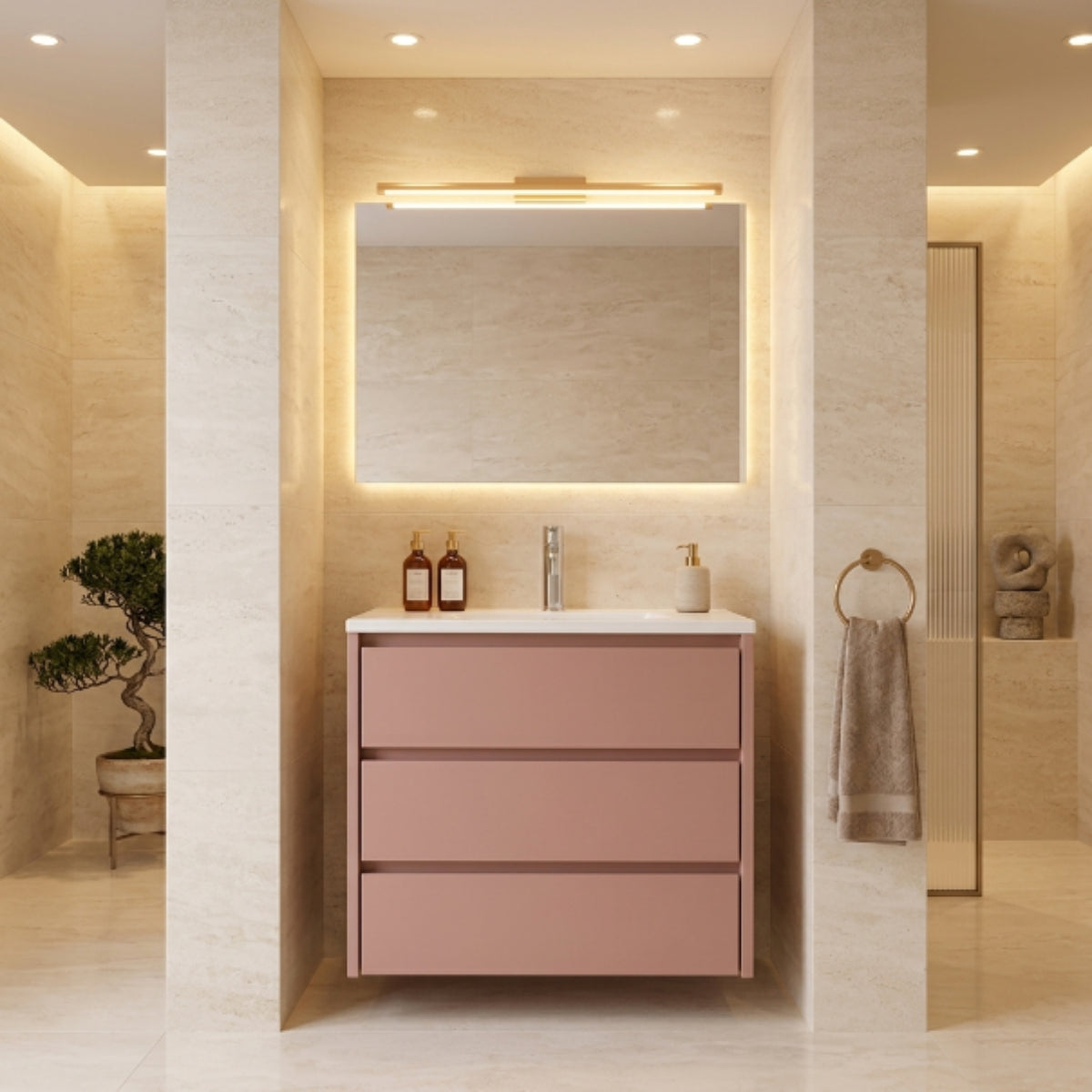 Mueble de baño 80 cm Costado visto Carmen, 3 cajones Coral lavabo integrado Avila Dos Errefe Home