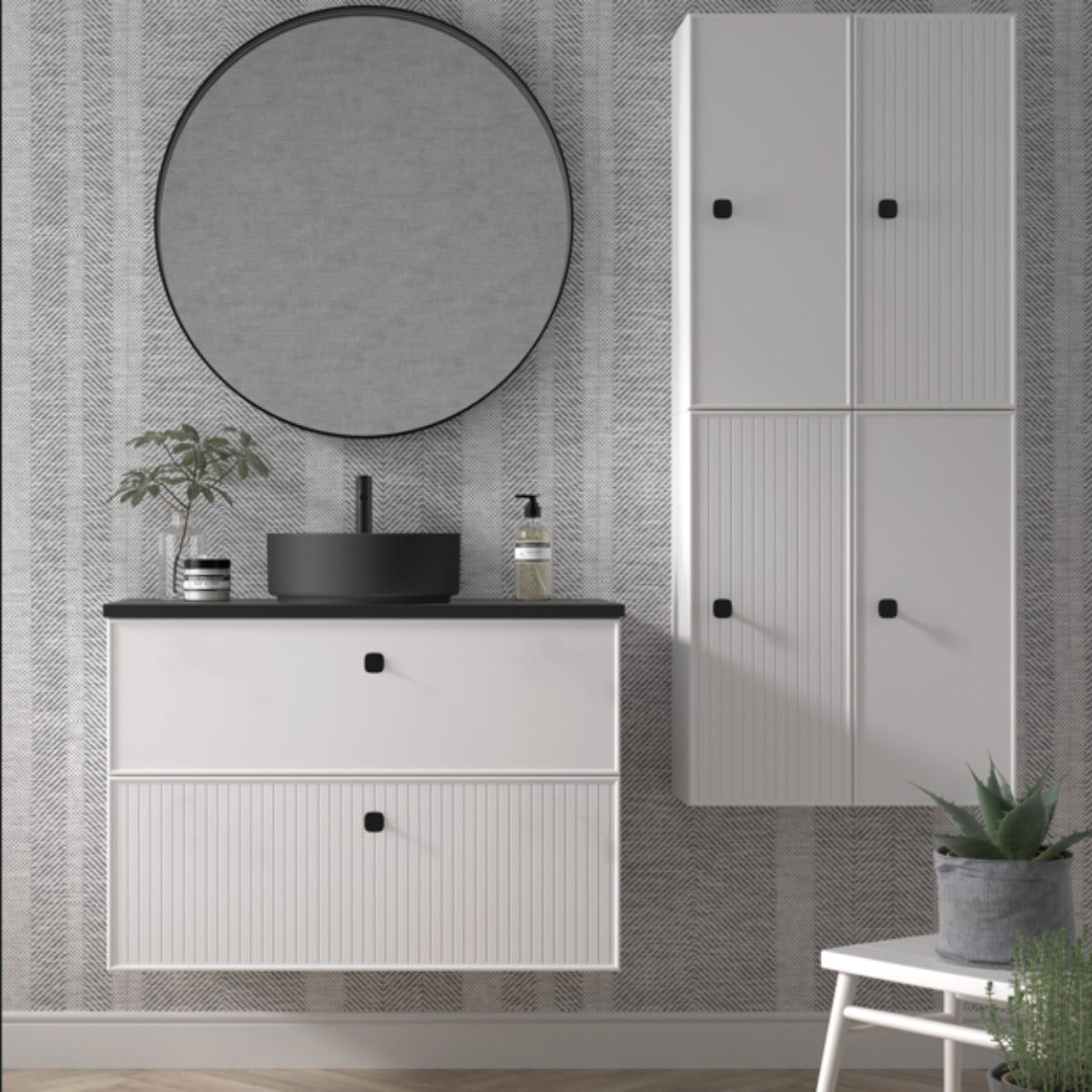 Mueble de baño color blanco colección Blanca Avila Dos con lavabo sobre encimera de 1 seno y 2 cajones suspendidos Errefe Home