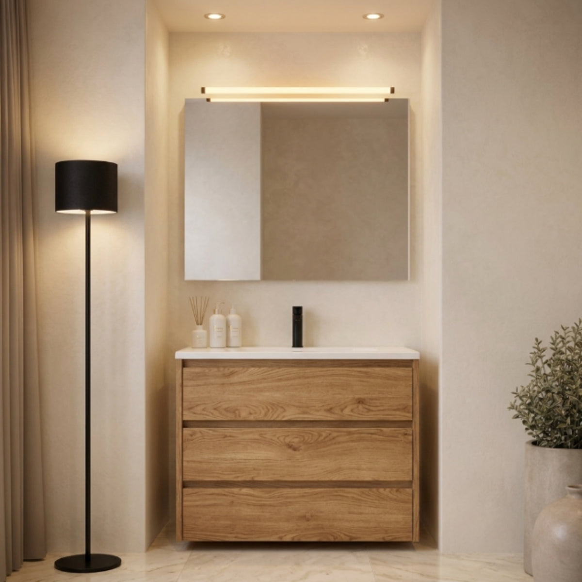 Mueble de baño 120 cm Carmen color madera 18, lavabo integrado 3 cajones Avila Dos - Errefe Home