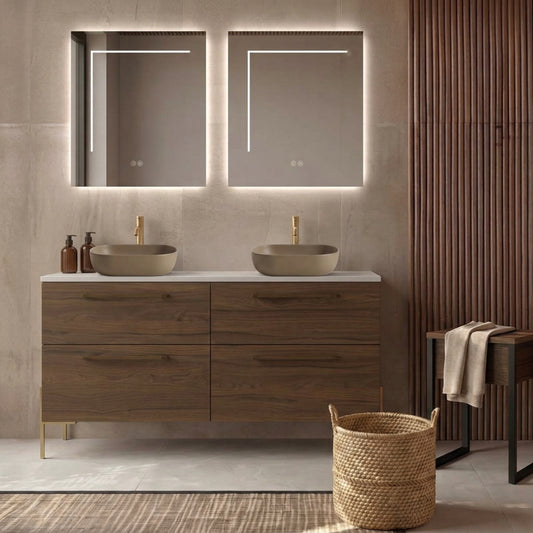 Mueble de baño 140 cm 4 cajones  COLOR MADERA con patas LUNGO, 2 lavabos Ovalados sobre encimera color Café Colección B. Avila Dos - Errefe Home CARMEN