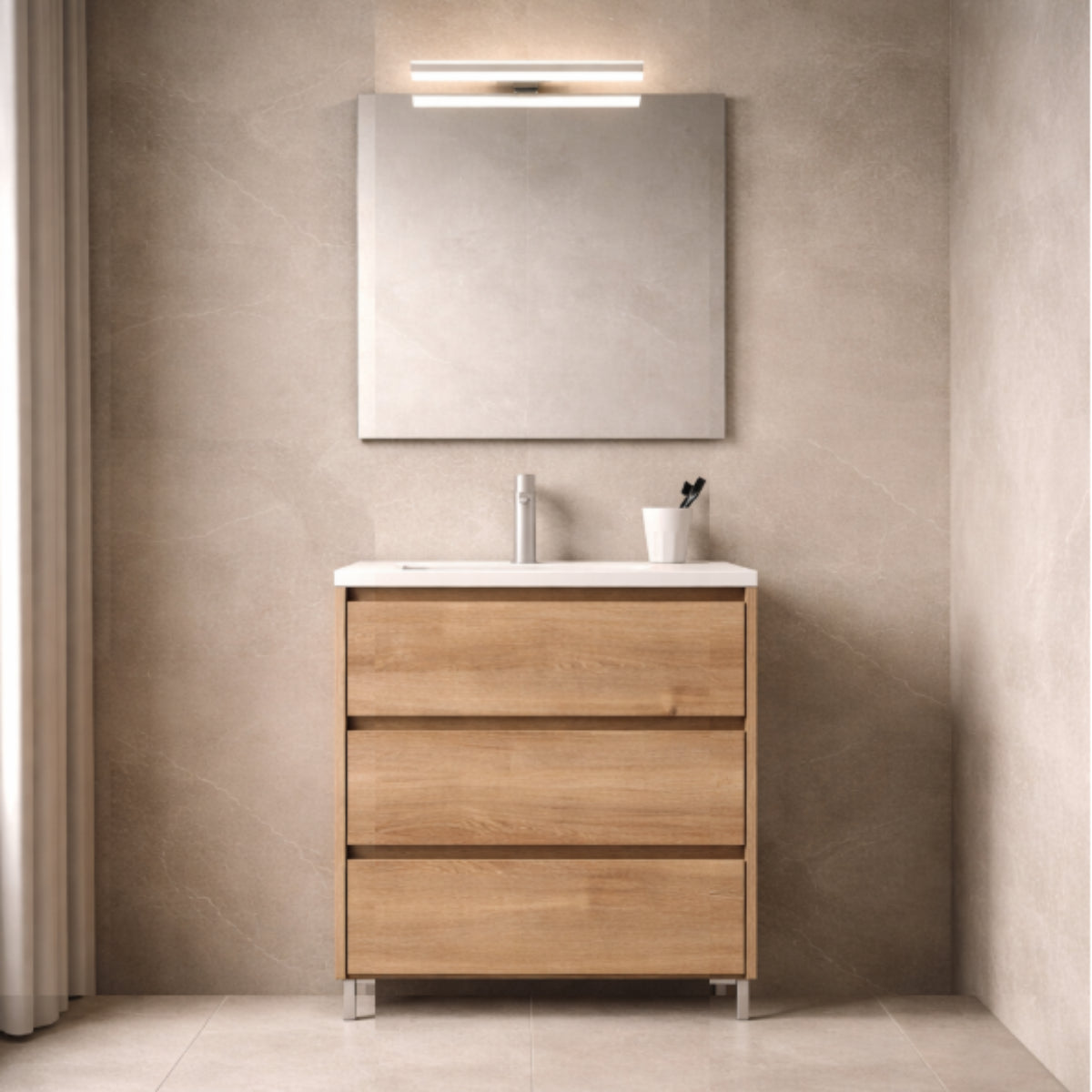 Mueble baño Carmen de 60 cm Costado visto color madera lavabo 3 cajones con patas Avila Dos  - Errefe Home