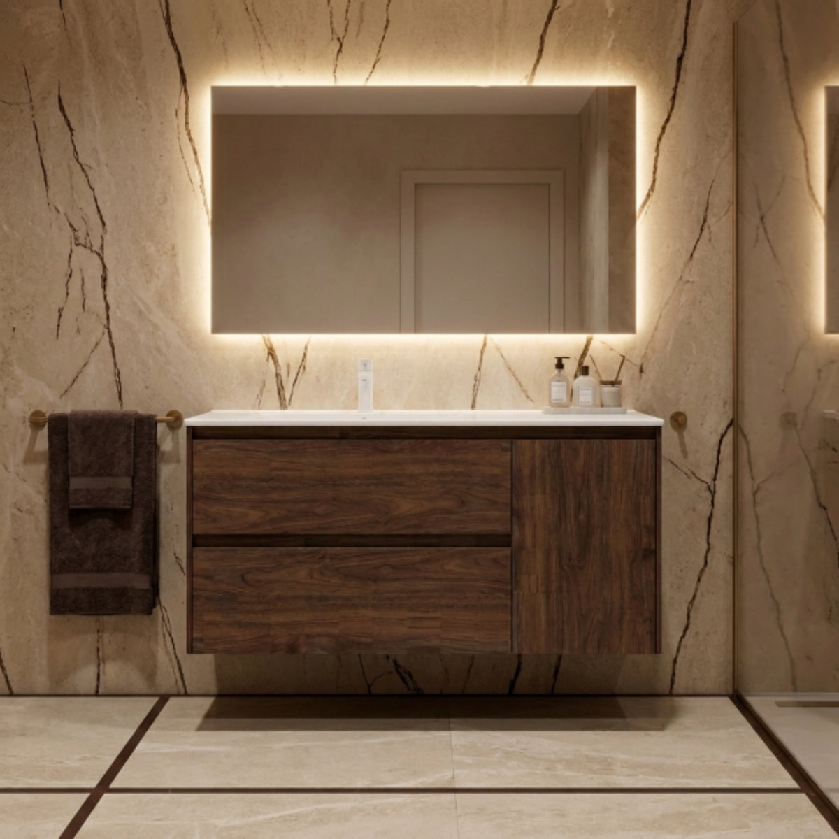 Mueble de baño suspendido 100 cm 2 cajones + 1 puerta, acabado madera 40. Lavabo integrado desplazado, tiradores inclinados. Avila Dos - Errefe Home