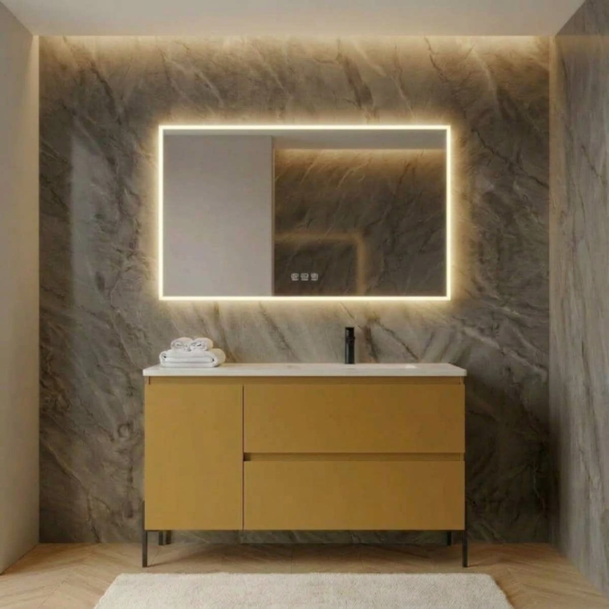 Mueble de baño Carmen 100 color mostaza lavabo integrado desplazado 2 cajones+1 puerta, tiradores, patas LUNGO Avila Dos - Errefe Home