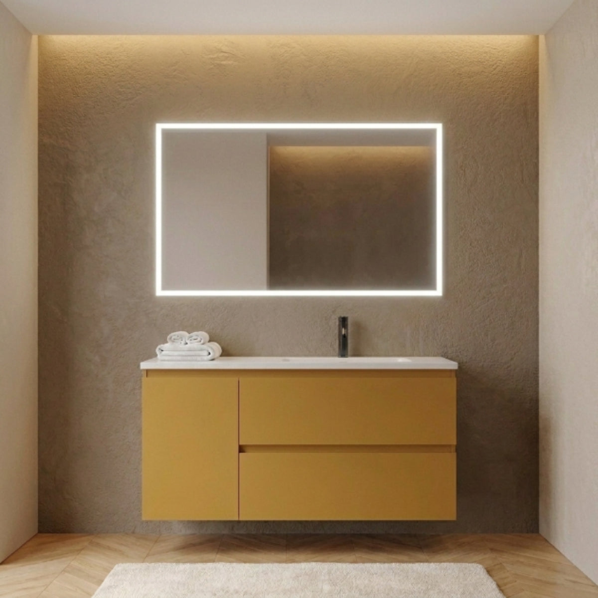 Mueble de baño suspendido 100 cm 2 cajones + 1 puerta, acabado mostaza. Lavabo integrado desplazado, tiradores inclinados. Avila Dos - Errefe Home