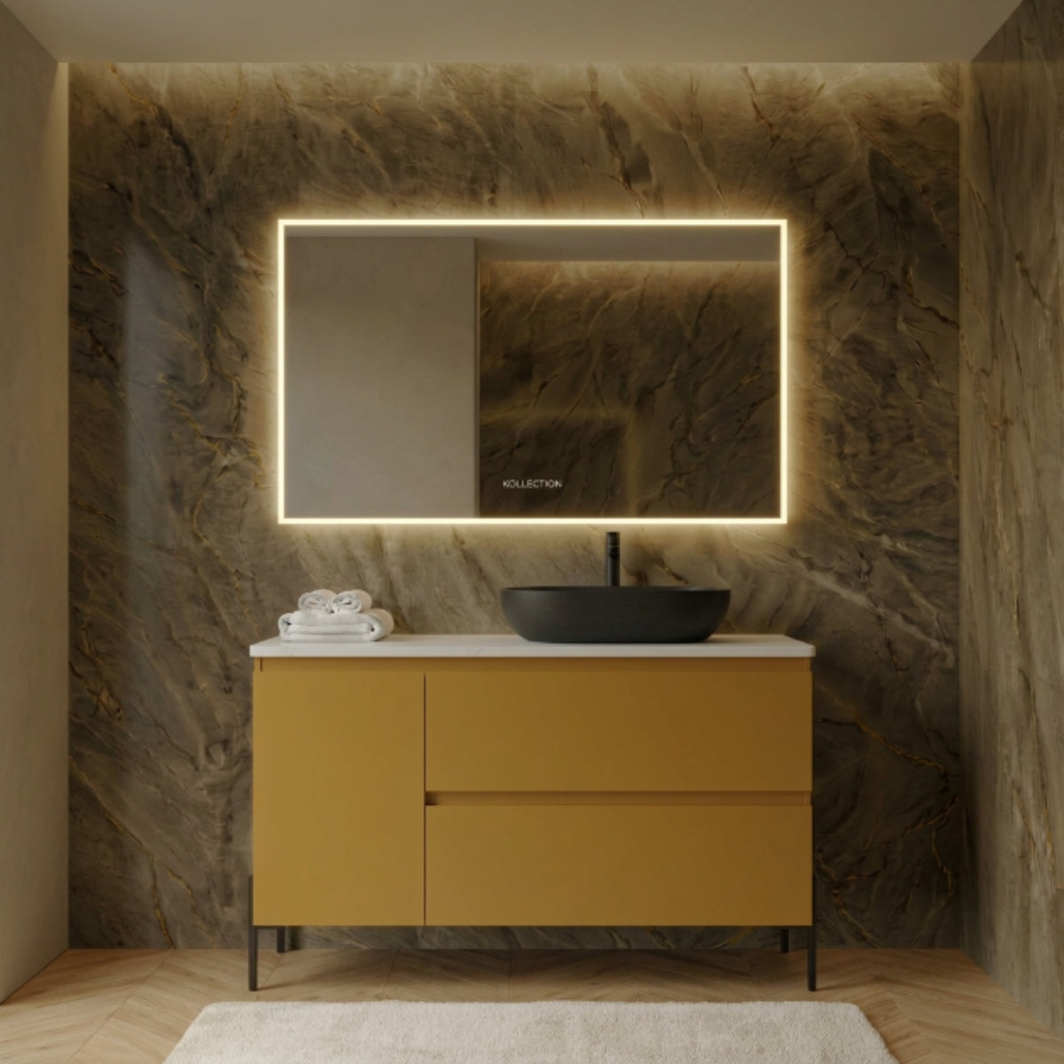 Mueble de baño 100 cm con Patas LUNGO negras - 2 cajones + 1 puerta, color MOSTAZA. Lavabo sobre encimera desplazado color negro, tiradores inclinados. Avila Dos - Errefe Home