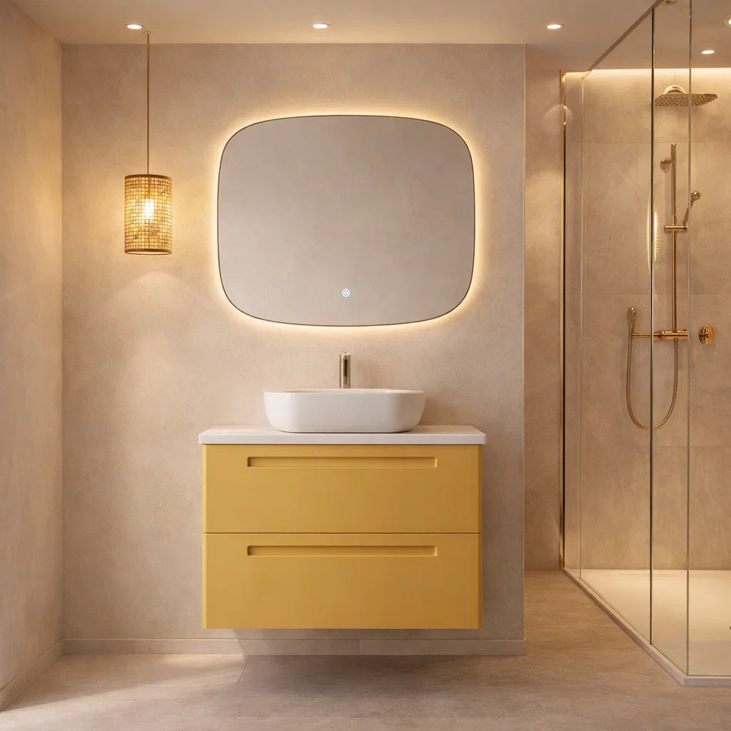 Mueble de baño 60 cm Paris color mostaza 2 cajones suspendidos con lavabo blanco sobre encimera Avila Dos - Errefe Home
