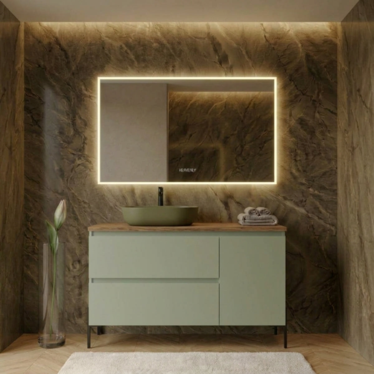 Mueble de baño 100 cm con Patas LUNGO negras - 2 cajones + 1 puerta, color OLIVA. Lavabo sobre encimera desplazado color verde, tiradores inclinados. Avila Dos - Errefe Home