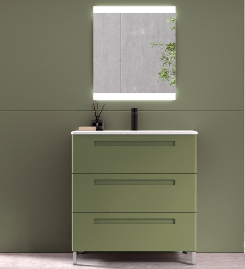 Mueble de baño Paris 3 cajones color verde con lavabo integrado y patas Avila Dos Errefe Home