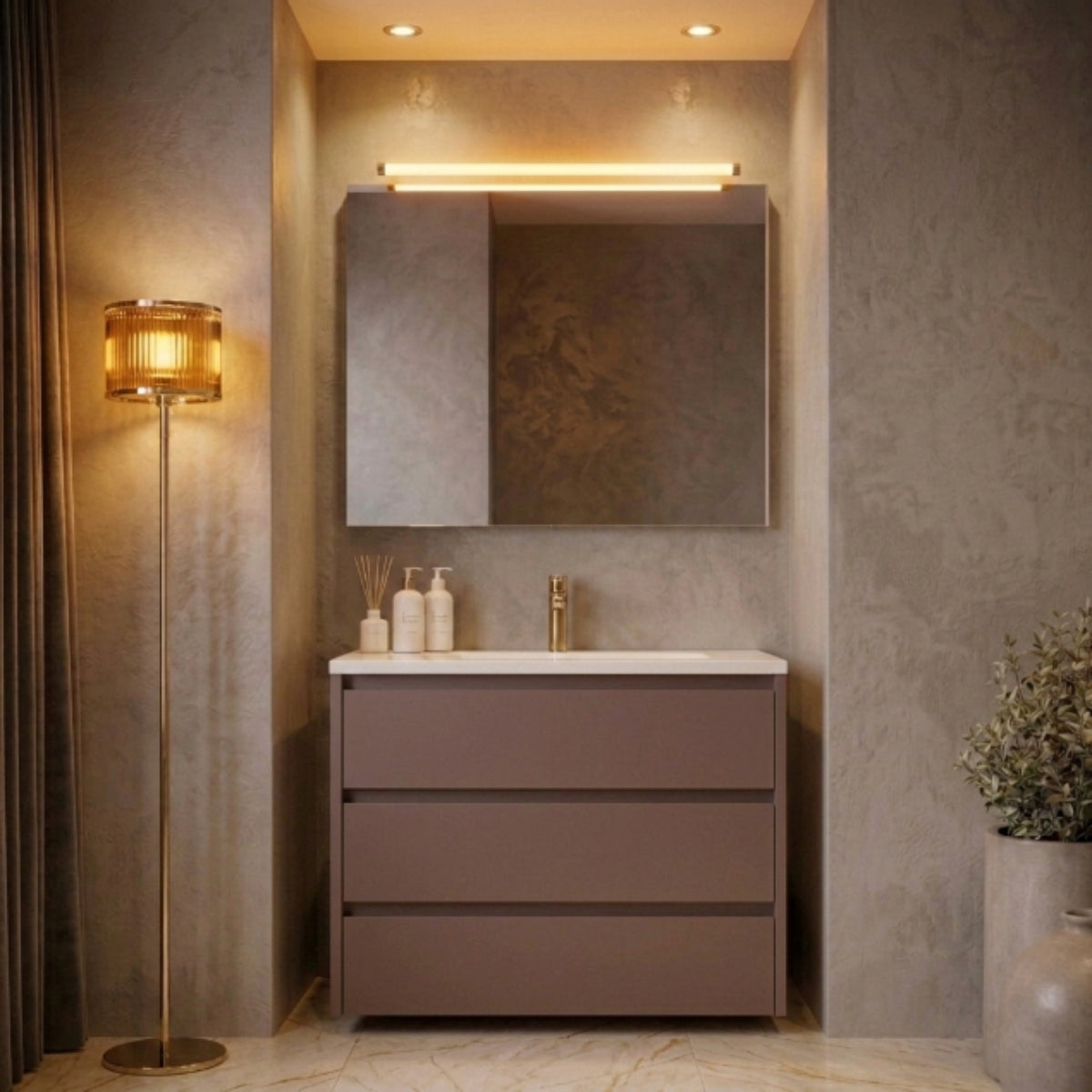 Mueble de baño 120 cm Costado visto Carmen, 3 cajones SKIN lavabo integrado Avila Dos - Errefe Home
