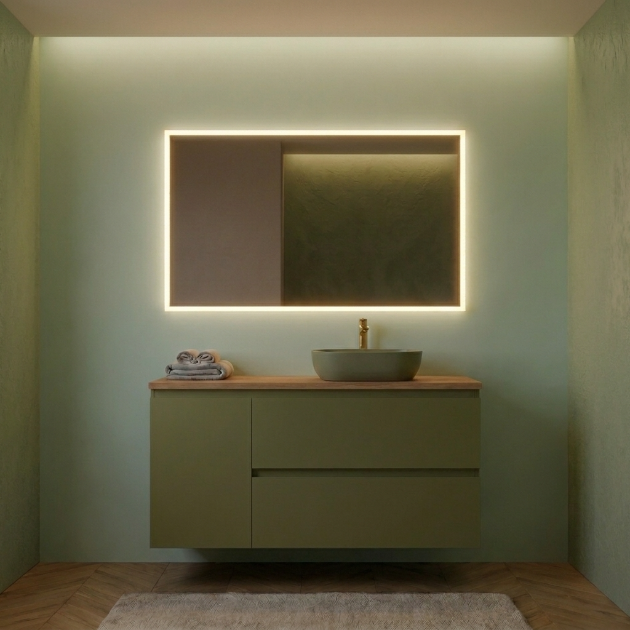 Mueble de baño suspendido 100 cm 2 cajones + 1 puerta, color verde. Lavabo sobre encimera desplazado color verde, tiradores inclinados. Avila Dos - Errefe Home