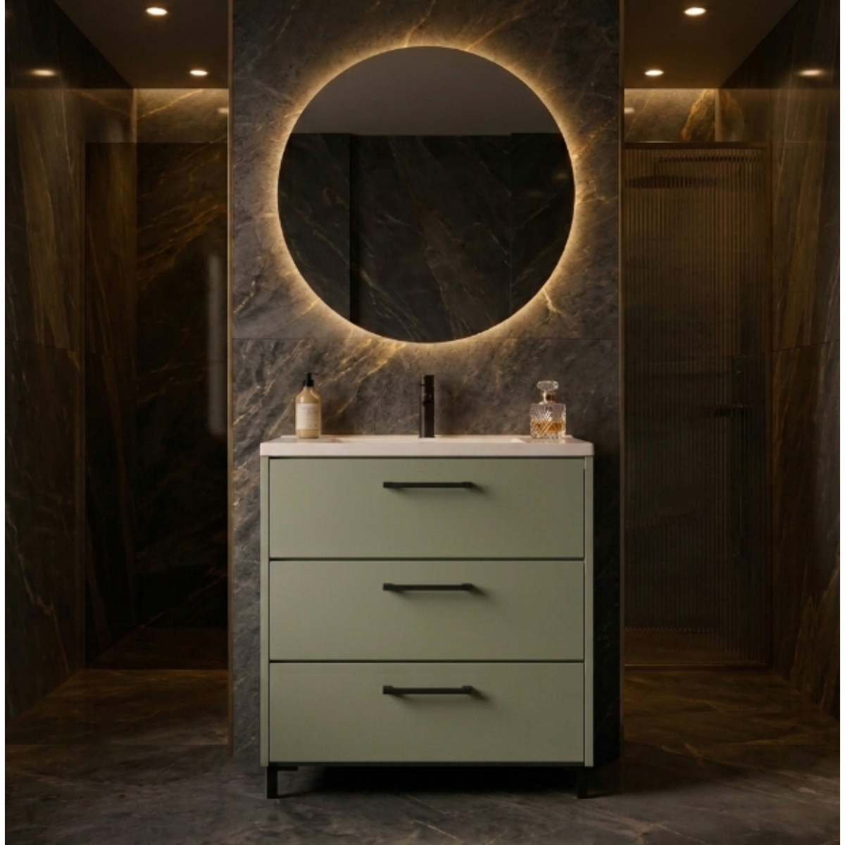 Mueble baño Carmen de 100 cm Costado visto color VERDE,  3 cajones con patas NEGRAS, lavabo integrado Tiradores Rigato. Avila Dos  - Errefe Home