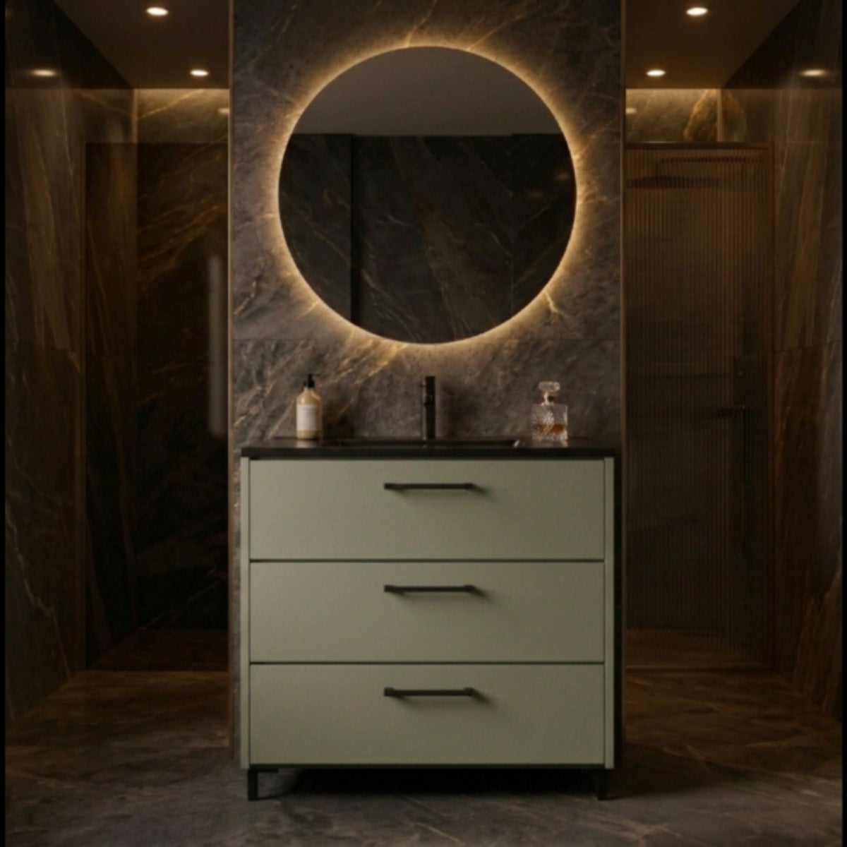 Mueble baño Carmen de 120 cm Costado visto color VERDE,  3 cajones con patas NEGRAS, lavabo integrado NEGRO.Tiradores Rigato. Avila Dos  - Errefe Home