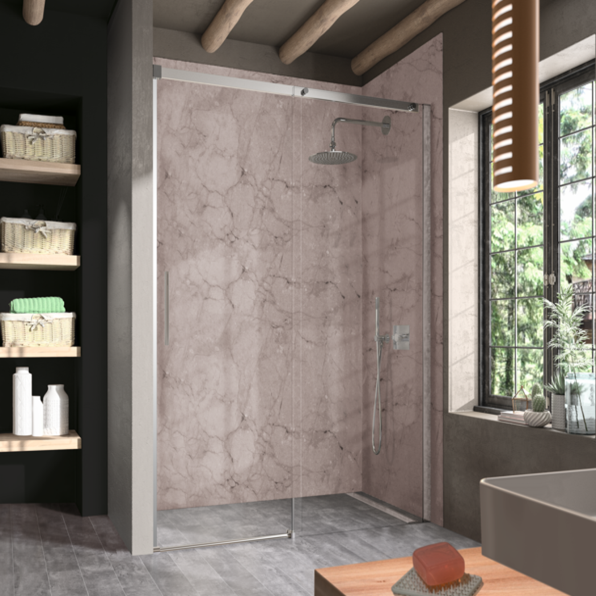Mampara de ducha Luna Kassandra, 1 corredera + 1 fijo, perfil en plata brillo, cristal transparente, diseño estilizado, Errefe Home.