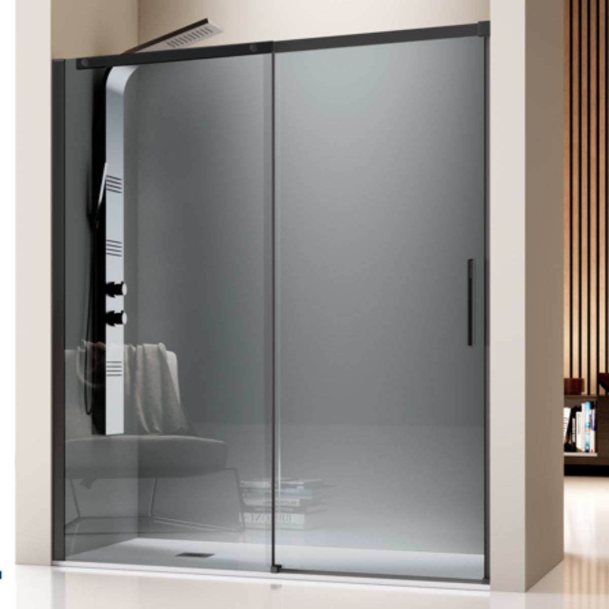 Mampara de ducha Luna 2 frontal 1 puerta corredera 1 fijo acabado negro mate diseño minimalista Errefe Home