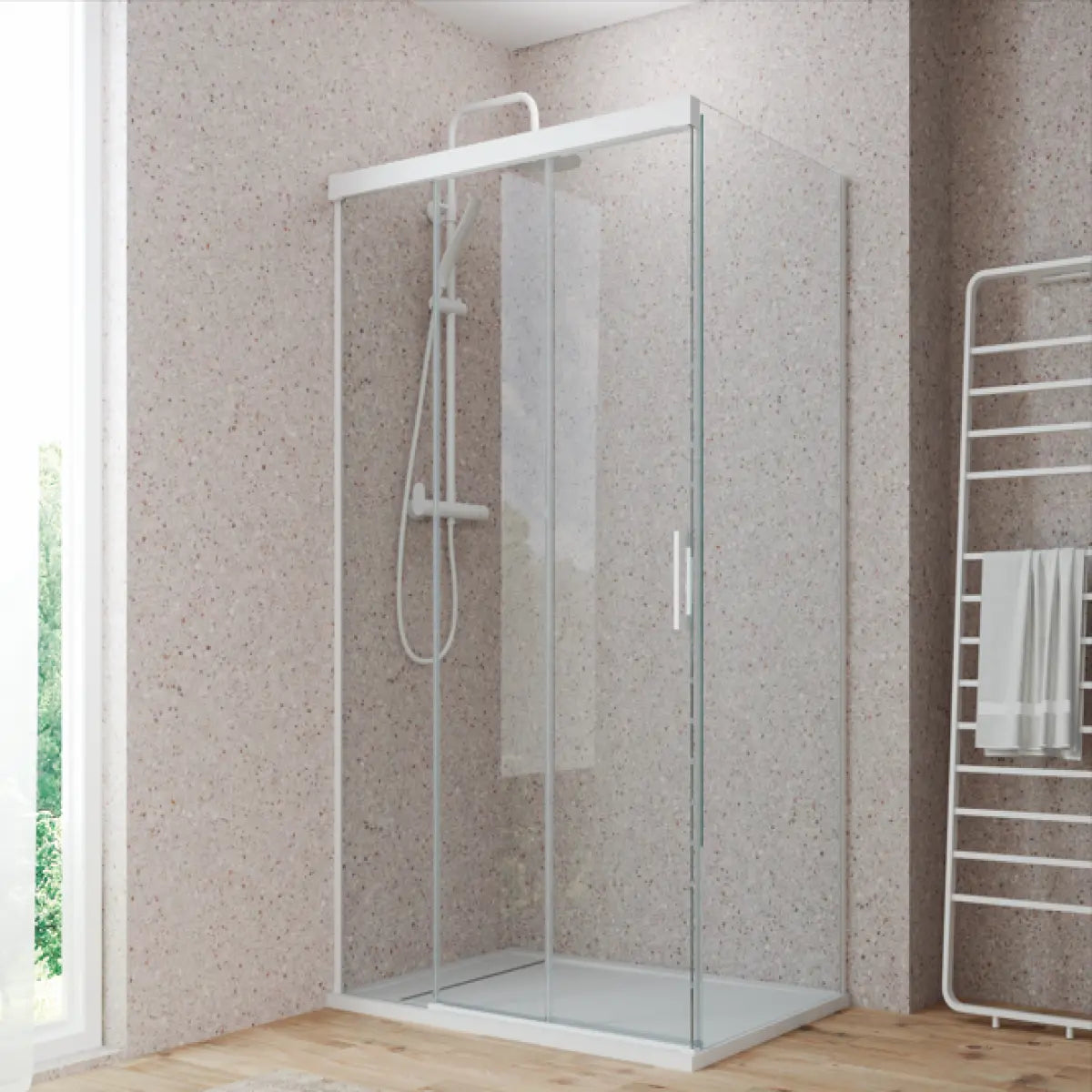 Mampara de ducha Treviño Becrisa, frontal con 2 puertas correderas sincronizadas, 1 fijo y 1 lateral fijo, perfil en blanco, diseño moderno y funcional, Errefe Home