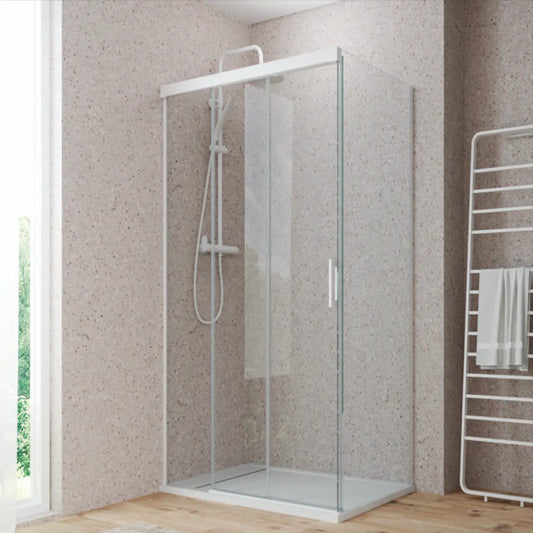 Mampara de ducha Treviño Becrisa, frontal con 2 puertas correderas sincronizadas, 1 fijo y 1 lateral fijo, perfil en blanco, diseño moderno y funcional, Errefe Home