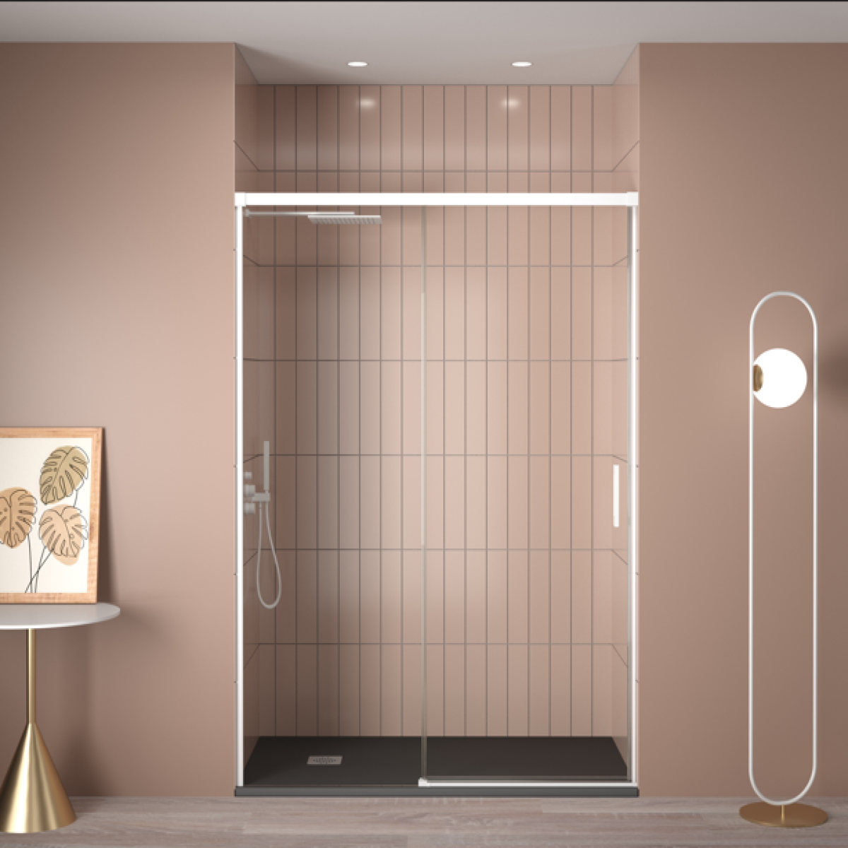 Mampara de ducha Yaiza Becrisa,vidrios transparentes, 1 puerta corredera + 1 fijo, perfil blanco, estilo minimalista, moderno y elegante, Errefe Home