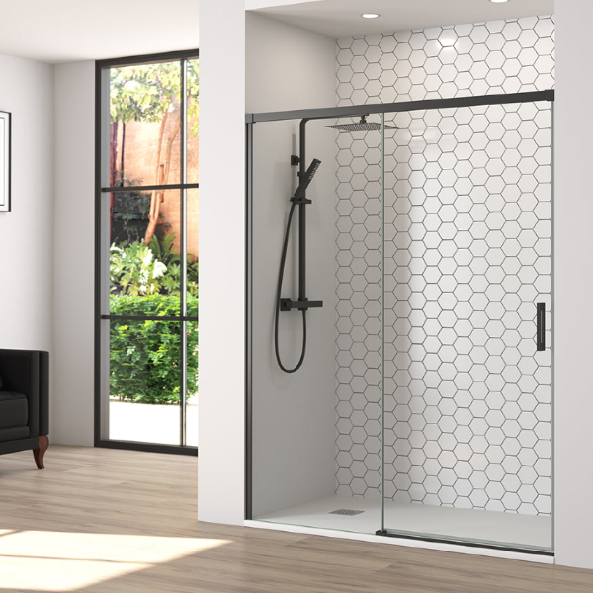 Mampara de ducha Yaiza Becrisa,vidrios transparentes, 1 puerta corredera + 1 fijo, perfil negro mate, estilo minimalista, moderno y elegante, Errefe Home